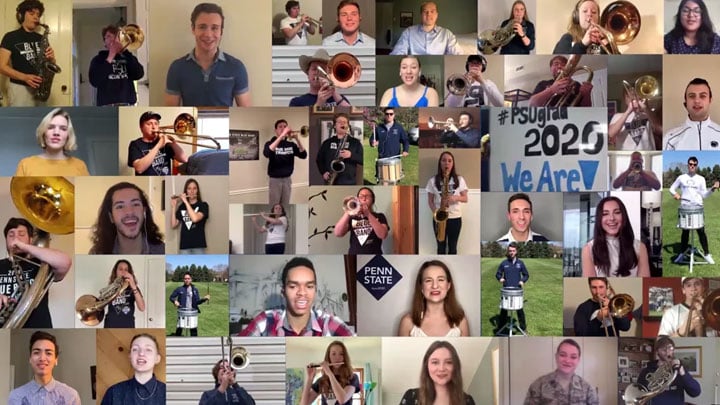Collage of Blue Band members and vocalists performing a virtual rendition of the Alma Mater 
	during the Spring 2020 Commencement Ceremony