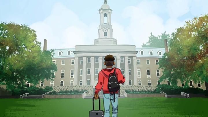 Illustration of an incoming student standing in front of Old Main.