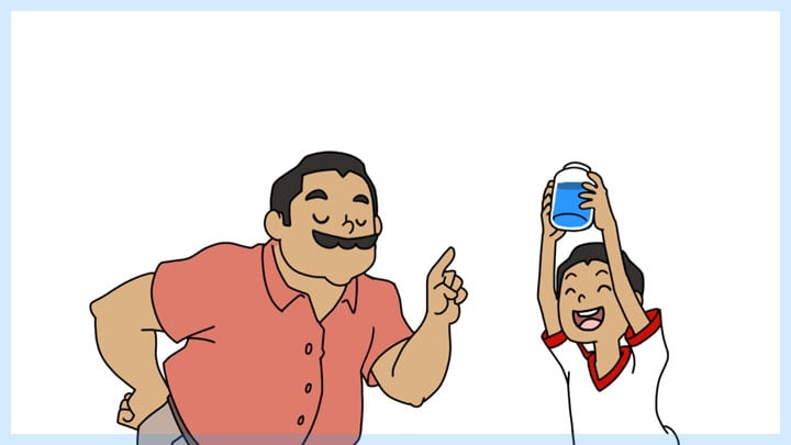 A cartoon sketch of a boy and his father doing a science experiment.