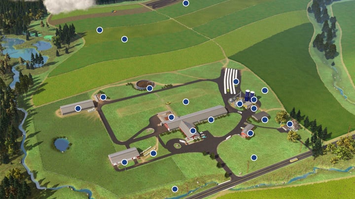 Digital rendering of a typical 150 cow dairy farm with dots indicating farm components that are explorable.